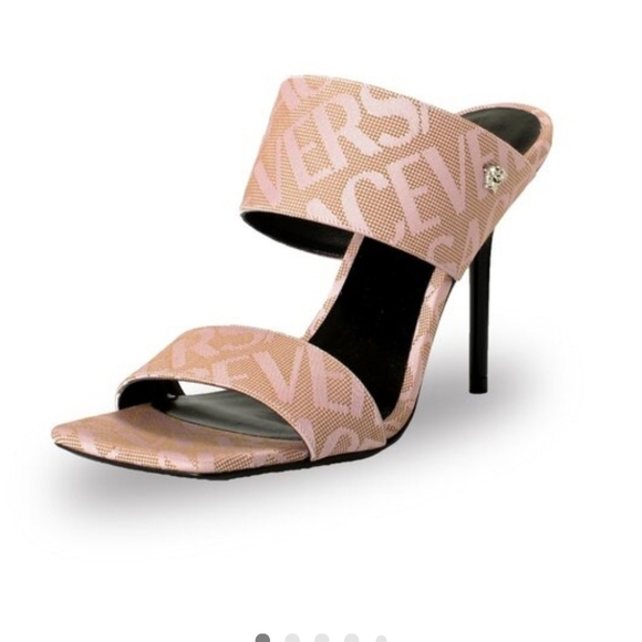 Versace Shoes - Versace Allover Logo Jacquard Pink Square Open Toe Heel NEW